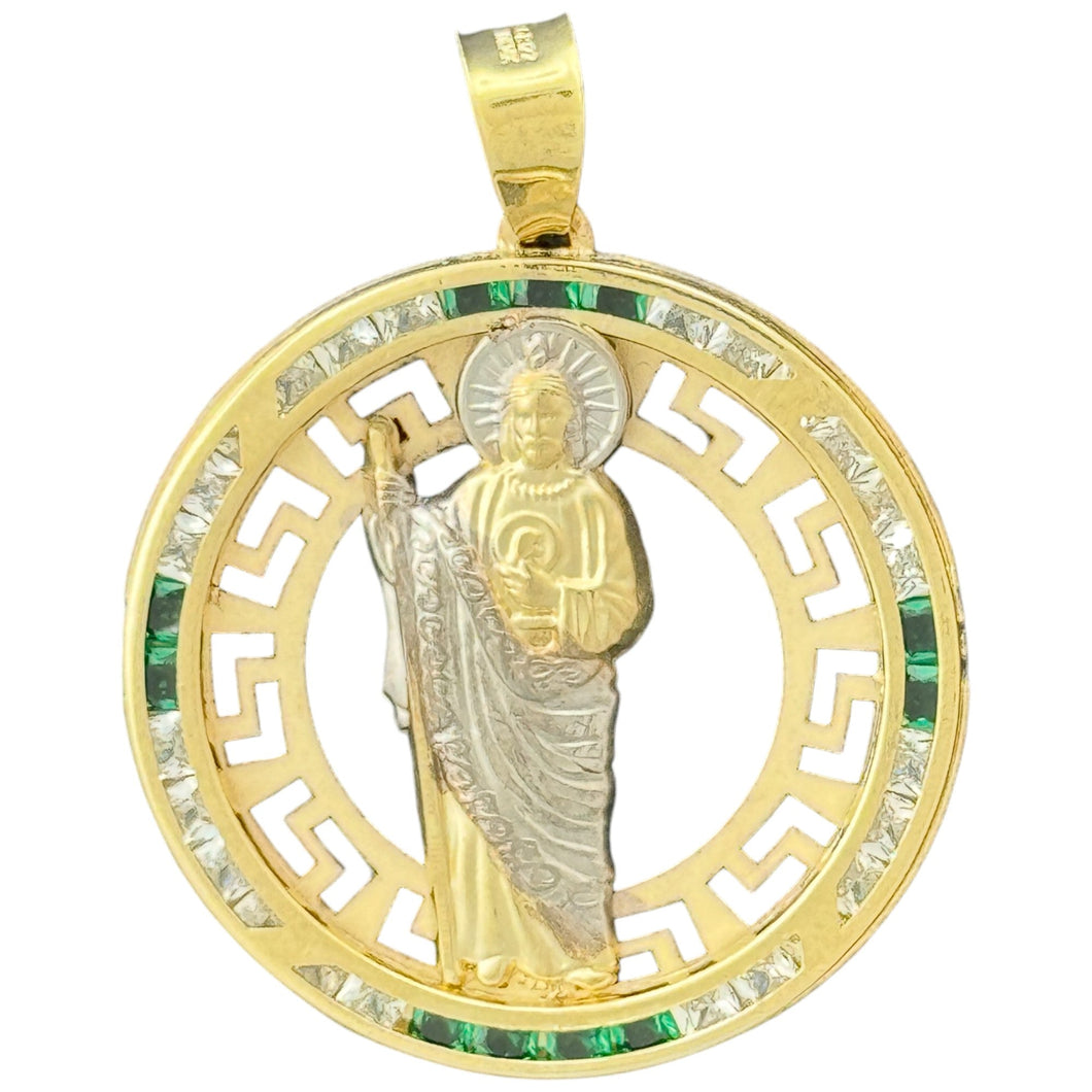 10KT Gold Saint Pendant with Green CZ Stones - 2.56g