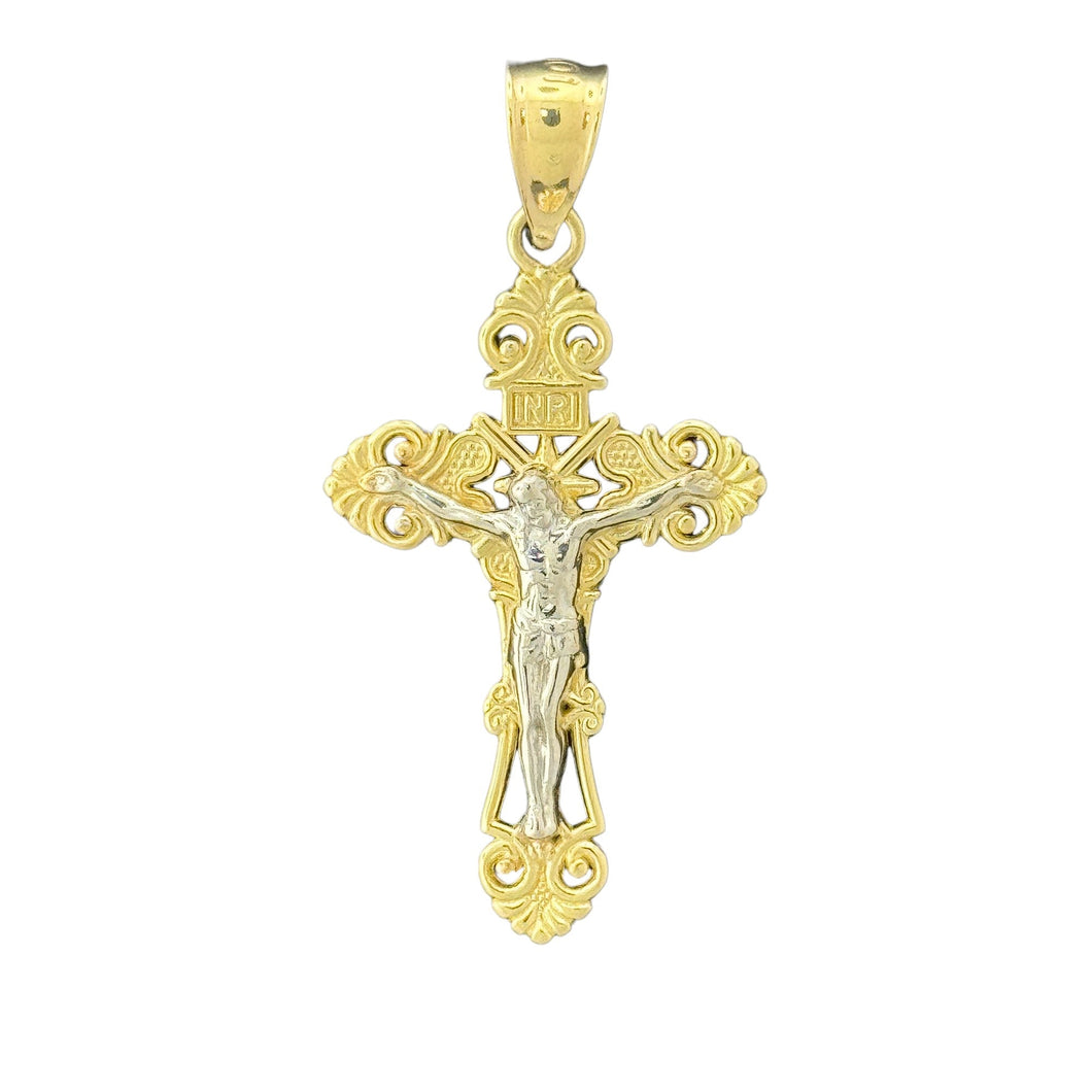 10KT Gold Ornate Two-Tone Crucifix Pendant with INRI Inscription - 1.87g