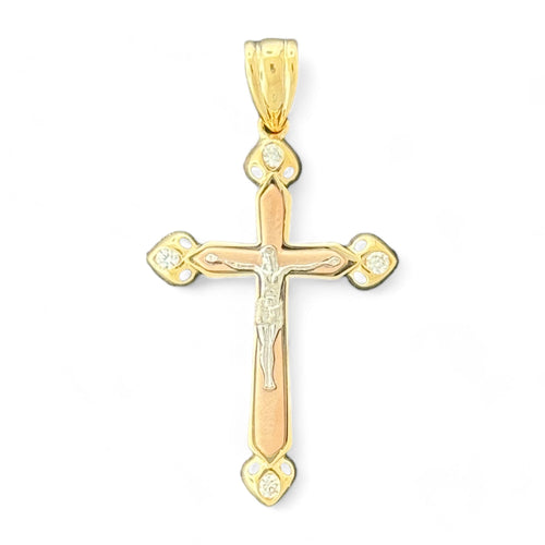 14KT Gold Crucifix Cross Pendant with Sparkling Cubic Zirconia Stones - Elegant Religious Jewelry
