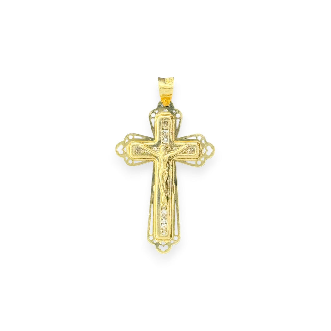 14KT Gold Crucifix Cross Pendant with Sparkling Cubic Zirconia Stones - Elegant Religious Jewelry