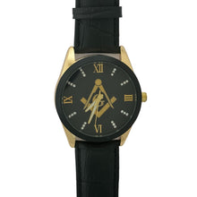 Load image into Gallery viewer, Captain Bling Masonic Leather Watch - Black &amp; Gold Dial with Roman Numerals
