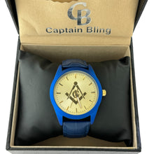 Load image into Gallery viewer, Captain Bling Masonic Leather Watch - Blue Dial &amp; Gold Accents
