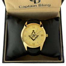 Load image into Gallery viewer, Captain Bling Masonic Leather Watch - Gold Dial &amp; Roman Numerals

