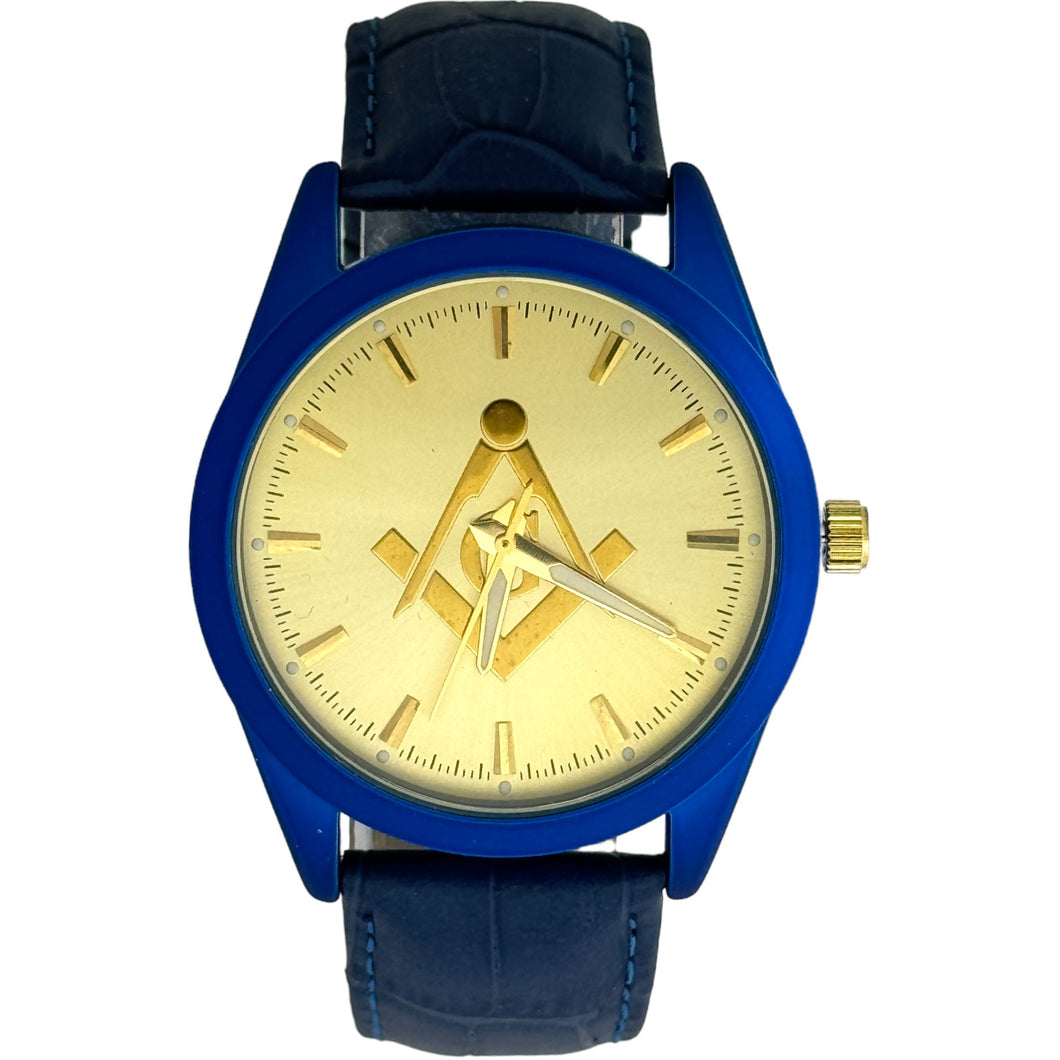 Captain Bling Masonic Leather Watch - Blue Dial & Gold Accents