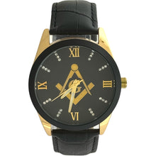 Load image into Gallery viewer, Captain Bling Masonic Leather Watch - Black &amp; Gold Dial with Roman Numerals
