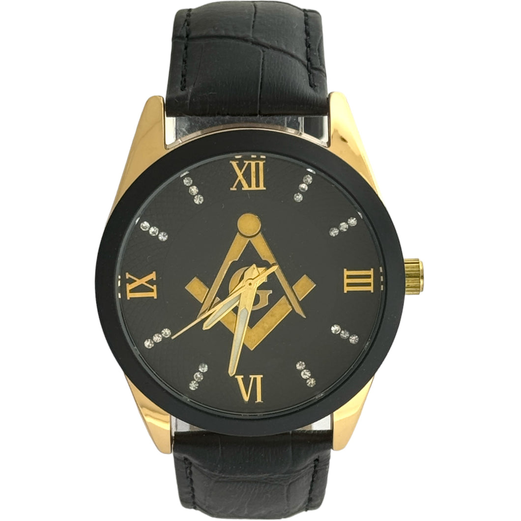 Captain Bling Masonic Leather Watch - Black & Gold Dial with Roman Numerals