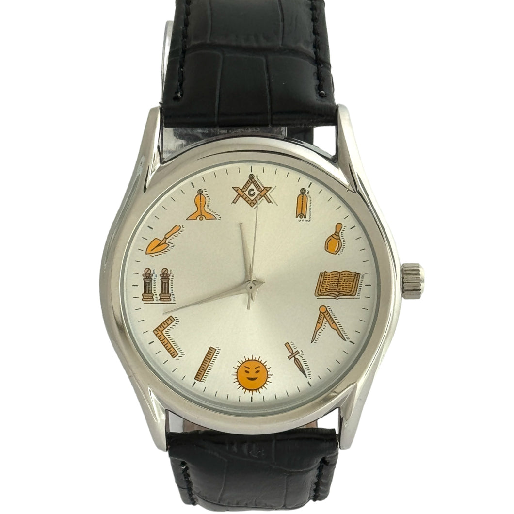 Captain Bling Masonic Leather Watch - White Dial with Masonic Symbols