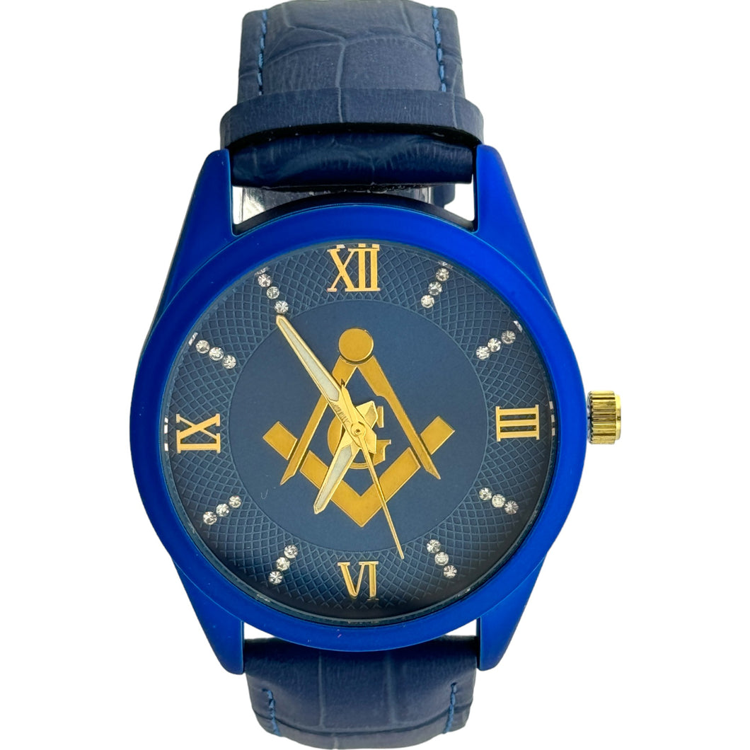 Captain Bling Masonic Leather Watch - Blue Dial with Roman Numerals