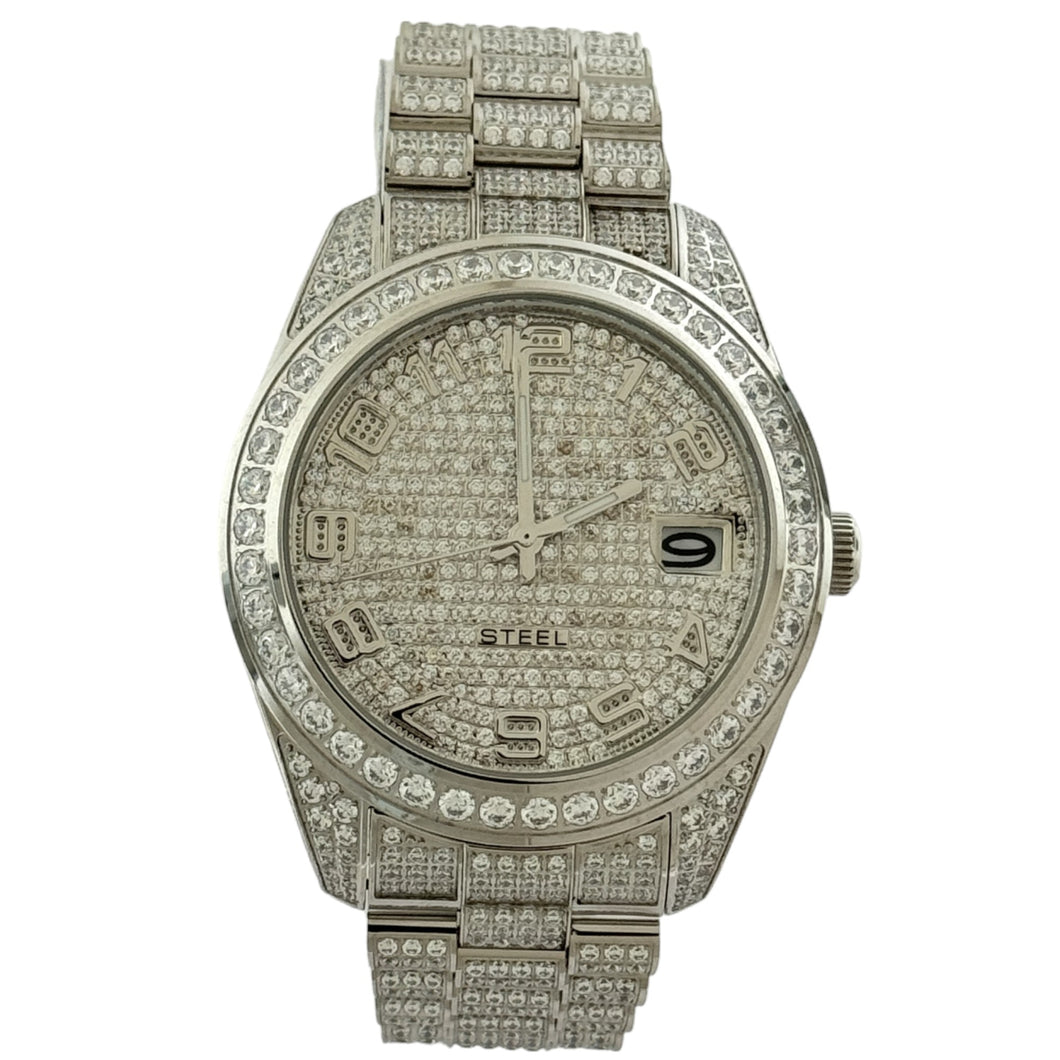 Captain Bling Men's Silver Stainless Steel | Busted Iced Out Watch | CNC Setting