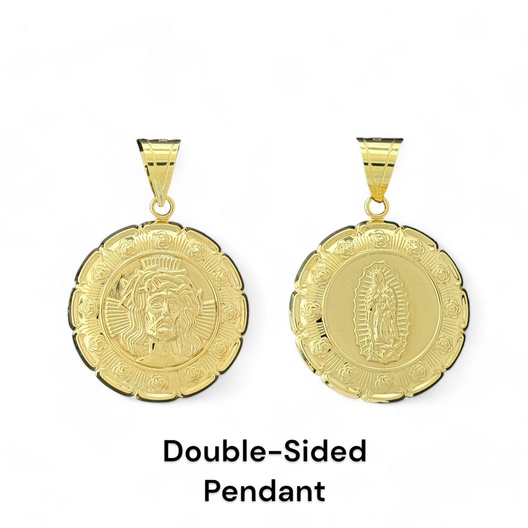 10KT Yellow Gold Double-Sided Hollow Pendant - Jesus and Virgin Mary