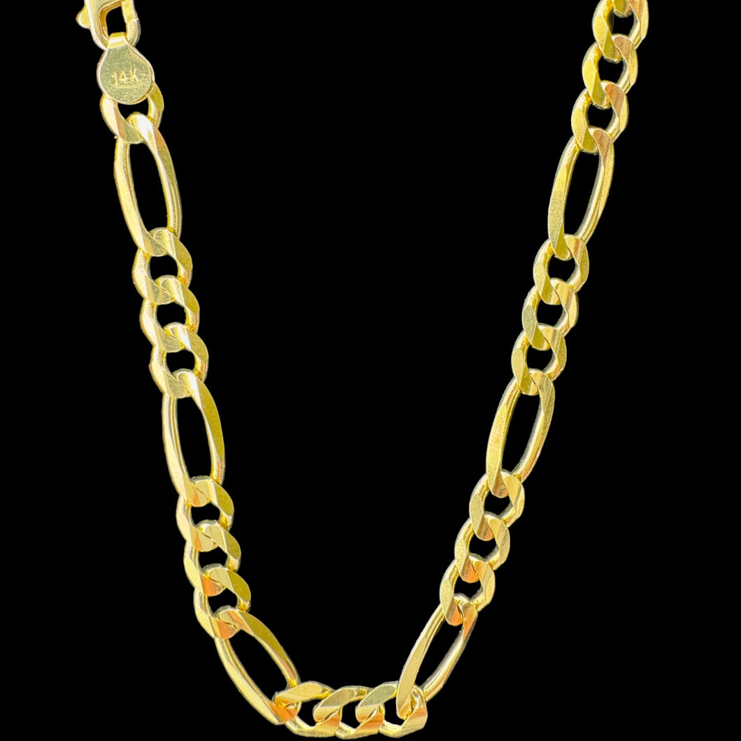 14KT Solid Figaro Necklace 3.0mm, 080 Gauge Yellow Gold, Diamond-Cut, Lobster Lock