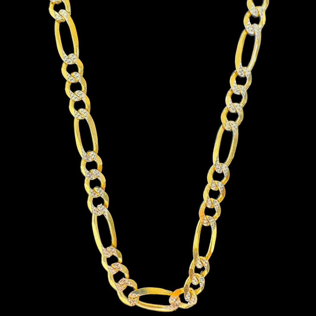 14KT Solid Figaro Pave Necklace 7.0mm, 180 Gauge Yellow Gold, Diamond-Cut, Lobster Lock