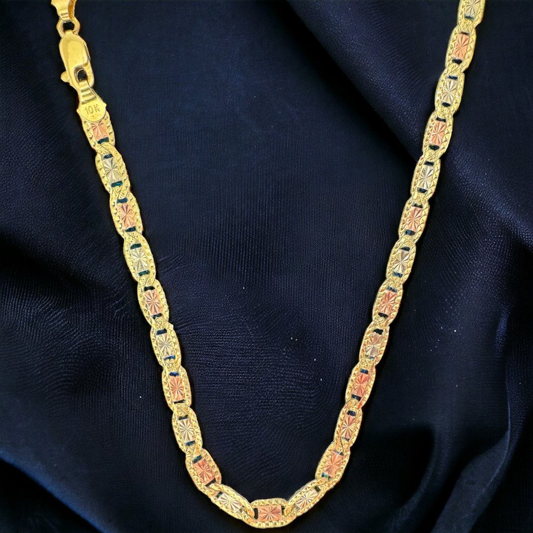 10KT Valentino Tricolor Necklace 2.5mm, 040 Gauge Real Yellow Gold, Diamond-Cut, Lobster Lock