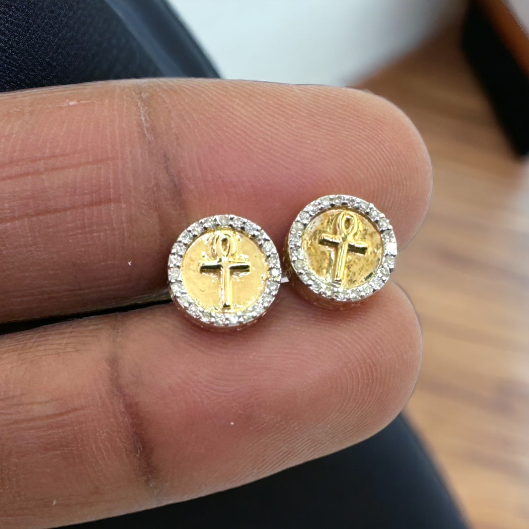 10KT Gold 9MM Anch Cross Stud Earrings, SI Diamond - 0.15 CT