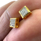 Angled shot of 10KT gold mini square diamond earrings with 0.09ct SI diamonds, highlighting crisp edges and brilliant micro-pave setting
