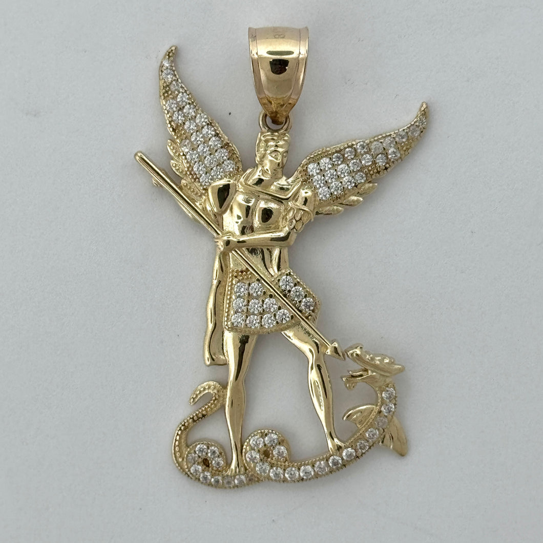 14KT Gold Saint Michael Pendant with CZ Stones- 4mm Bail, 7.69 Grams, 2 Inches.