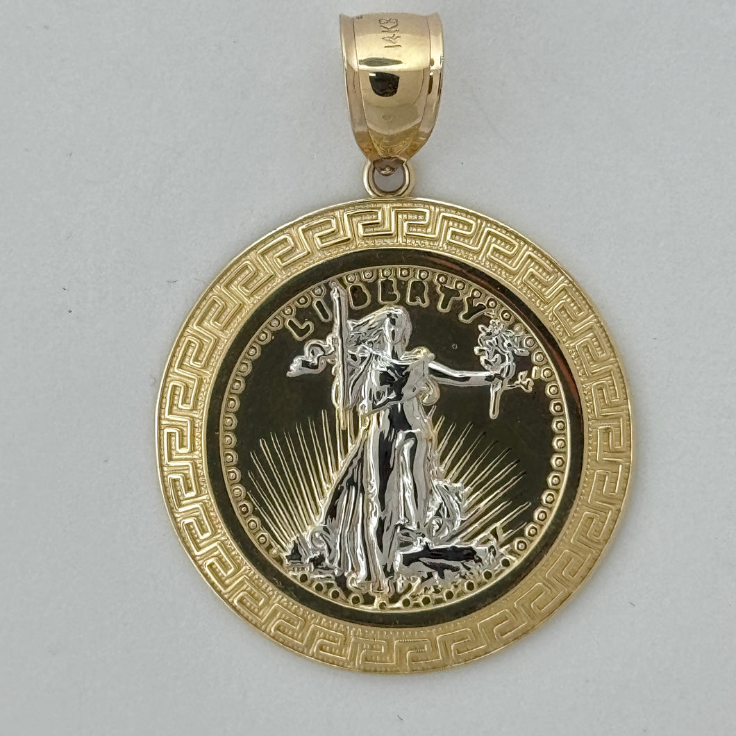 14KT Gold Liberty Pendant - 5mm Bail, 6.34 Grams, 2.09 Inches.