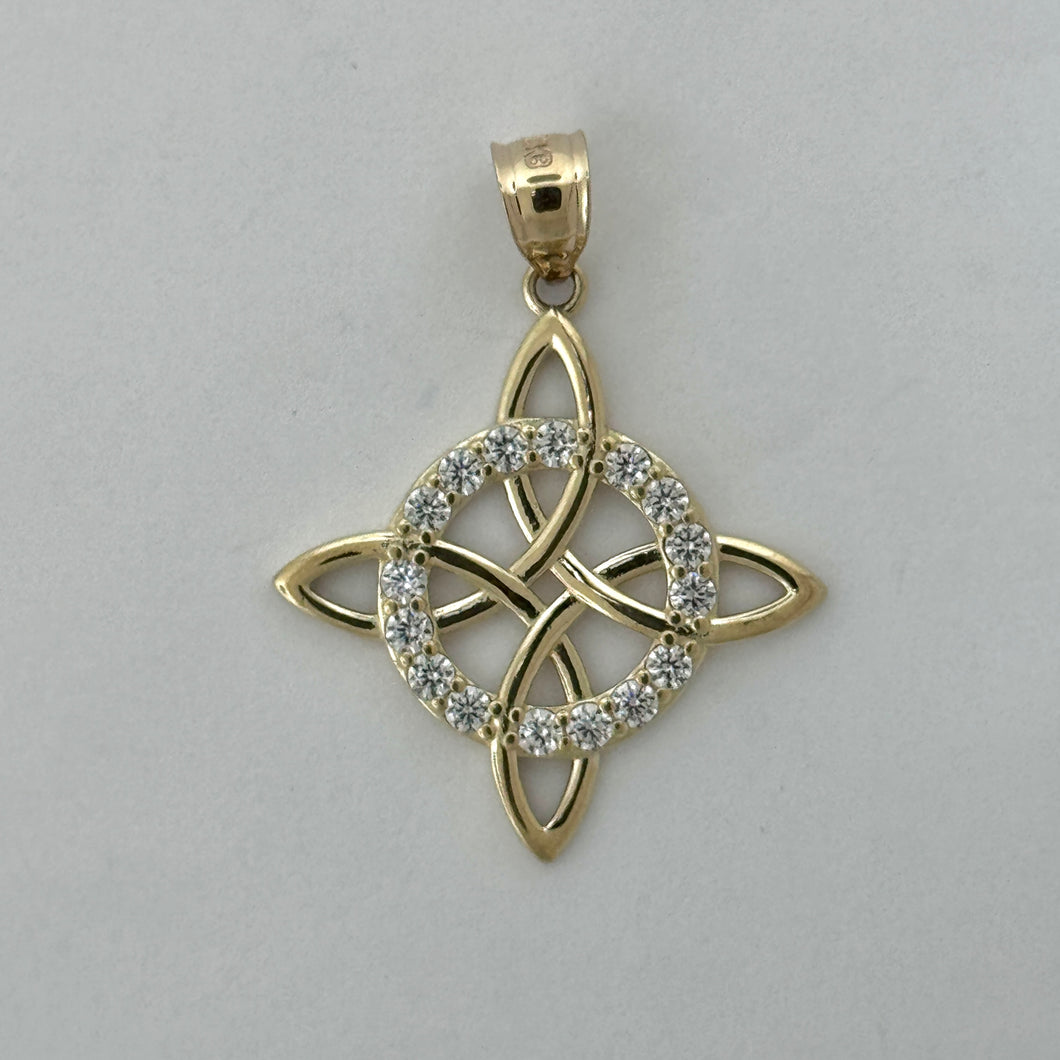 14KT Gold Witches Knot Pendant CZ stones - 3mm Bail, 3.68 Grams, 1.53 Inches.