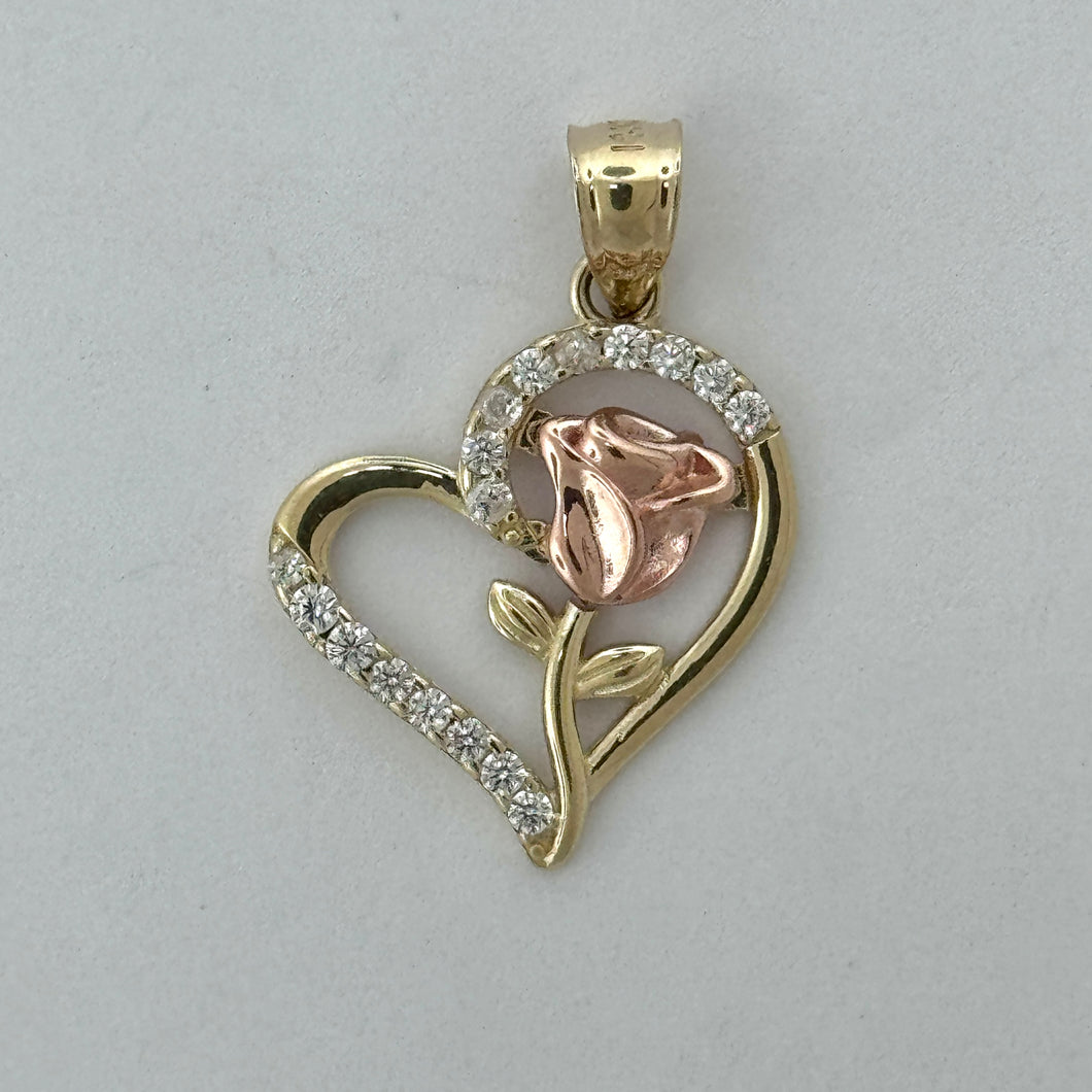 14KT Gold Rose in Heart Pendant with CZ Stones- 2mm Bail, 2.5 Grams, 1.19 Inches.