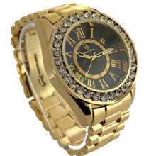 Load image into Gallery viewer, Captain Bling Gold-Tone Roman Numeral Black Dial Watch with Pave Accents
