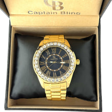 Load image into Gallery viewer, Captain Bling Gold-Tone Roman Numeral Black Dial Watch with Pave Accents
