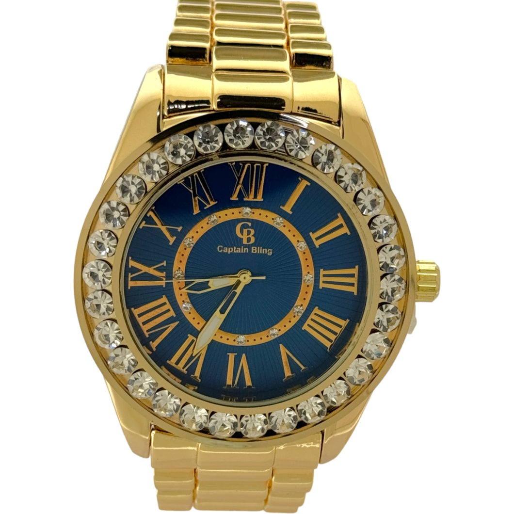 Captain Bling Gold-Tone Roman Numeral Blue Dial Watch with Pave Accents