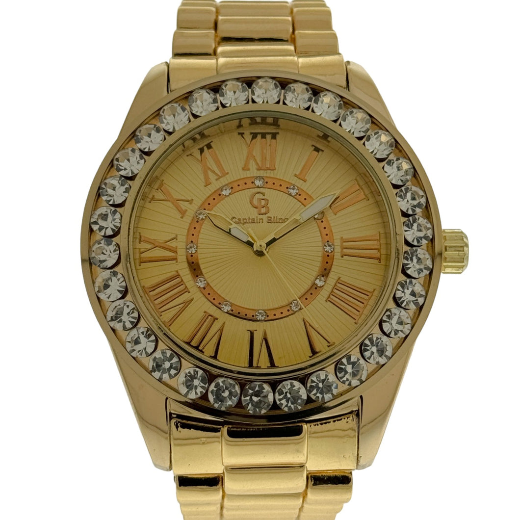 Captain Bling Gold-Tone Roman Numeral Dial Watch with Pave Accents