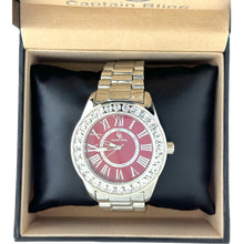 Load image into Gallery viewer, Captain Bling Silver-Tone Roman Numeral Red Dial Watch with Pave Accents
