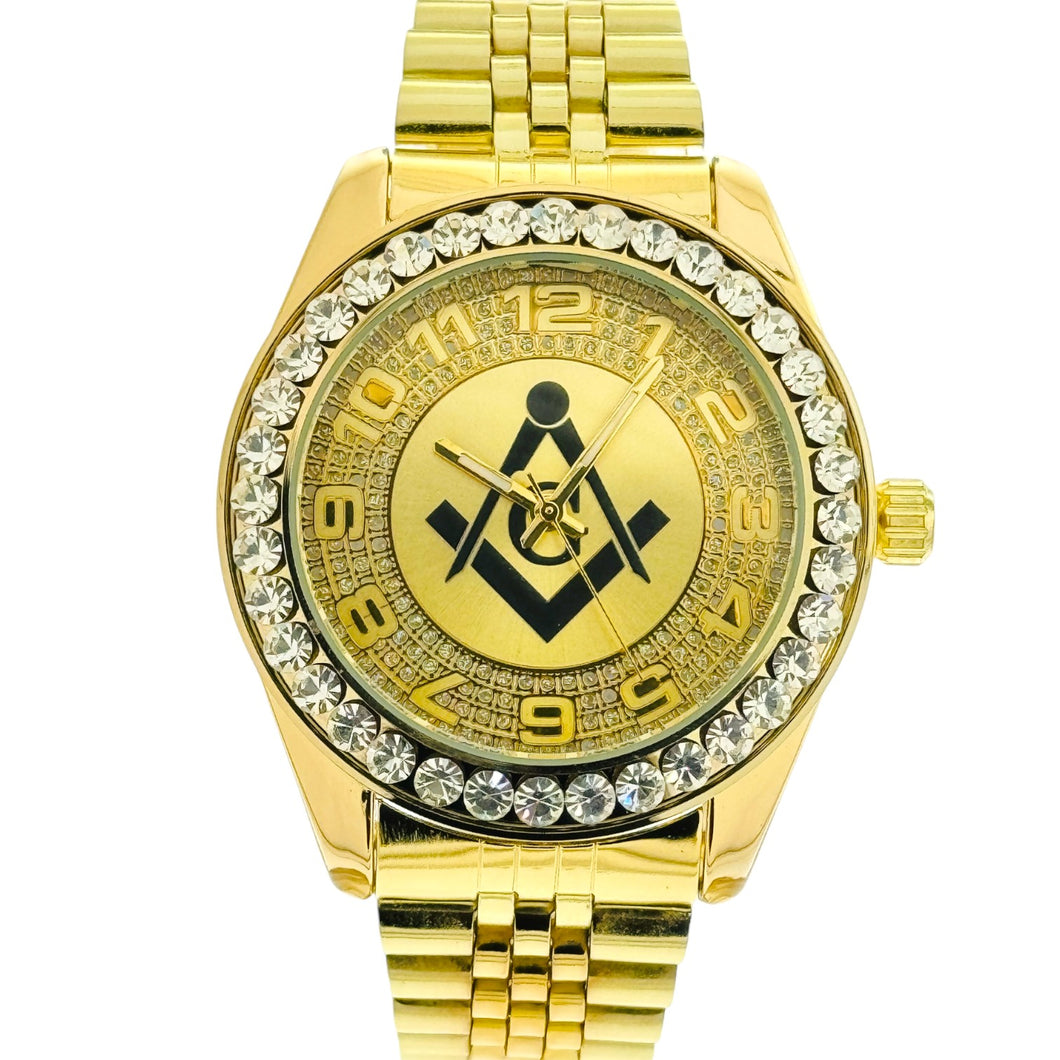 Captain Bling Quartz Masonic Edition:Gold Dial with Diamond-Encrusted Numerals.