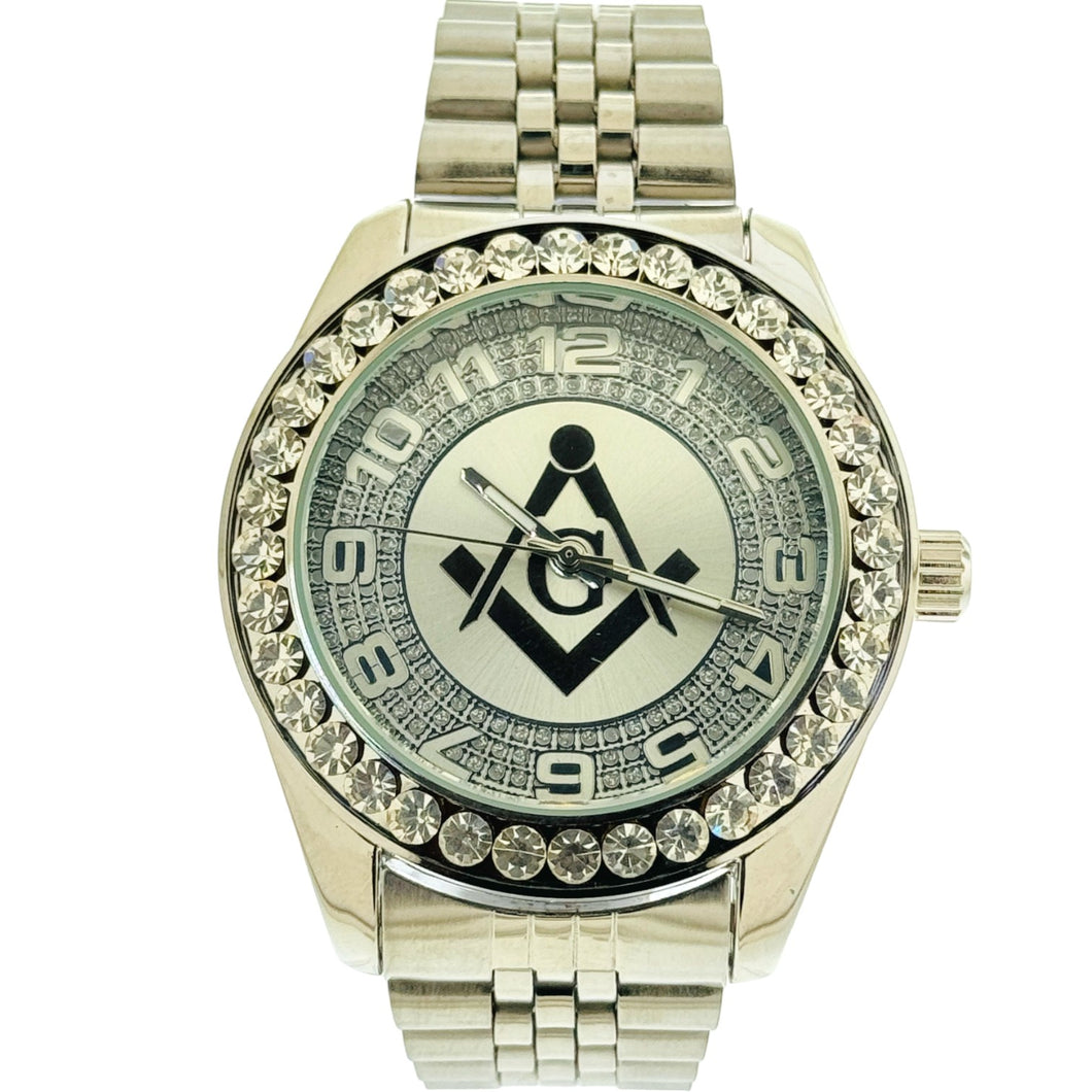 Captain Bling Quartz Masonic Edition:Silver Dial with Diamond-Encrusted Numerals