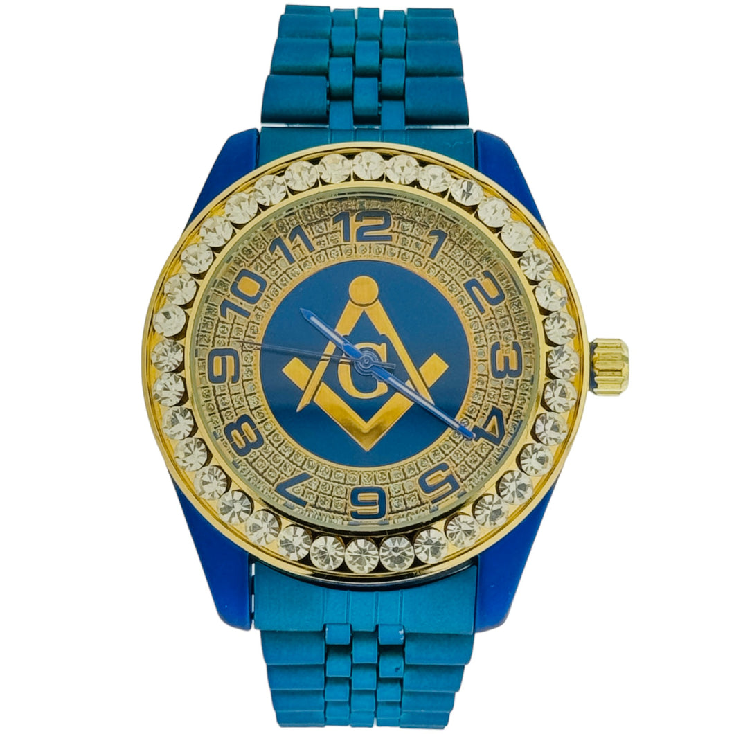 Captain Bling Quartz Masonic Edition:Blue Dial Diamond-Encrusted Numerals.