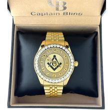 Load image into Gallery viewer, Captain Bling Quartz Masonic Edition:Gold Dial with Diamond-Encrusted Numerals.
