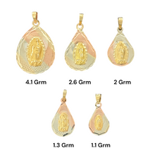 Load image into Gallery viewer, 10KT Tri Color Virgin Mary Pendants, Tear Drop style.
