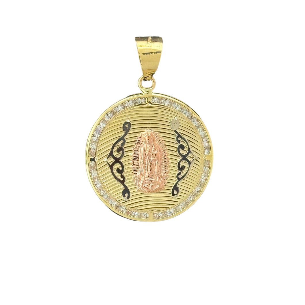 10KT Gold Round Virgin Mary Pendant with Tri-Color Design and CZ Accents, 2.5g