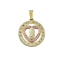 Load image into Gallery viewer, 10KT Gold Heart and Round Virgin Mary Pendant with Tri-Color Design, 2.5g
