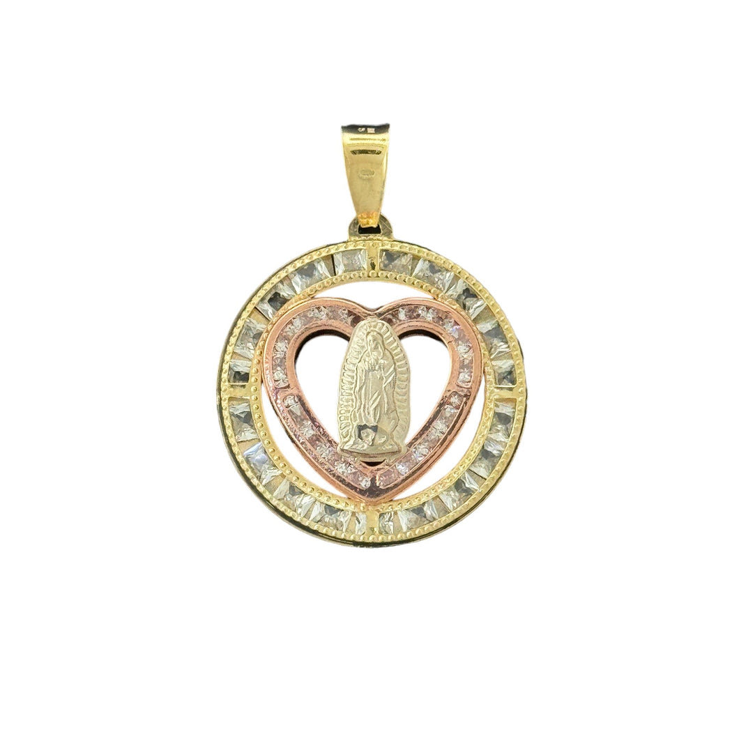 10KT Gold Heart and Round Virgin Mary Pendant with Tri-Color Design, 2.5g