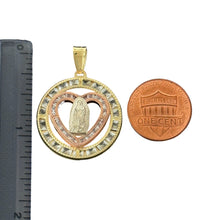 Load image into Gallery viewer, 10KT Gold Heart and Round Virgin Mary Pendant with Tri-Color Design, 2.5g
