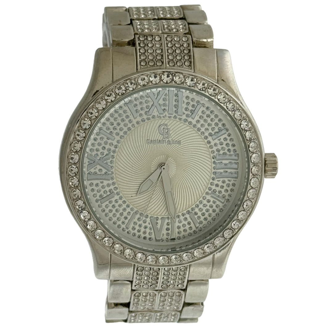 Captain Bling Silver-Tone Roman Numeral Dial Watch with Pave Accents