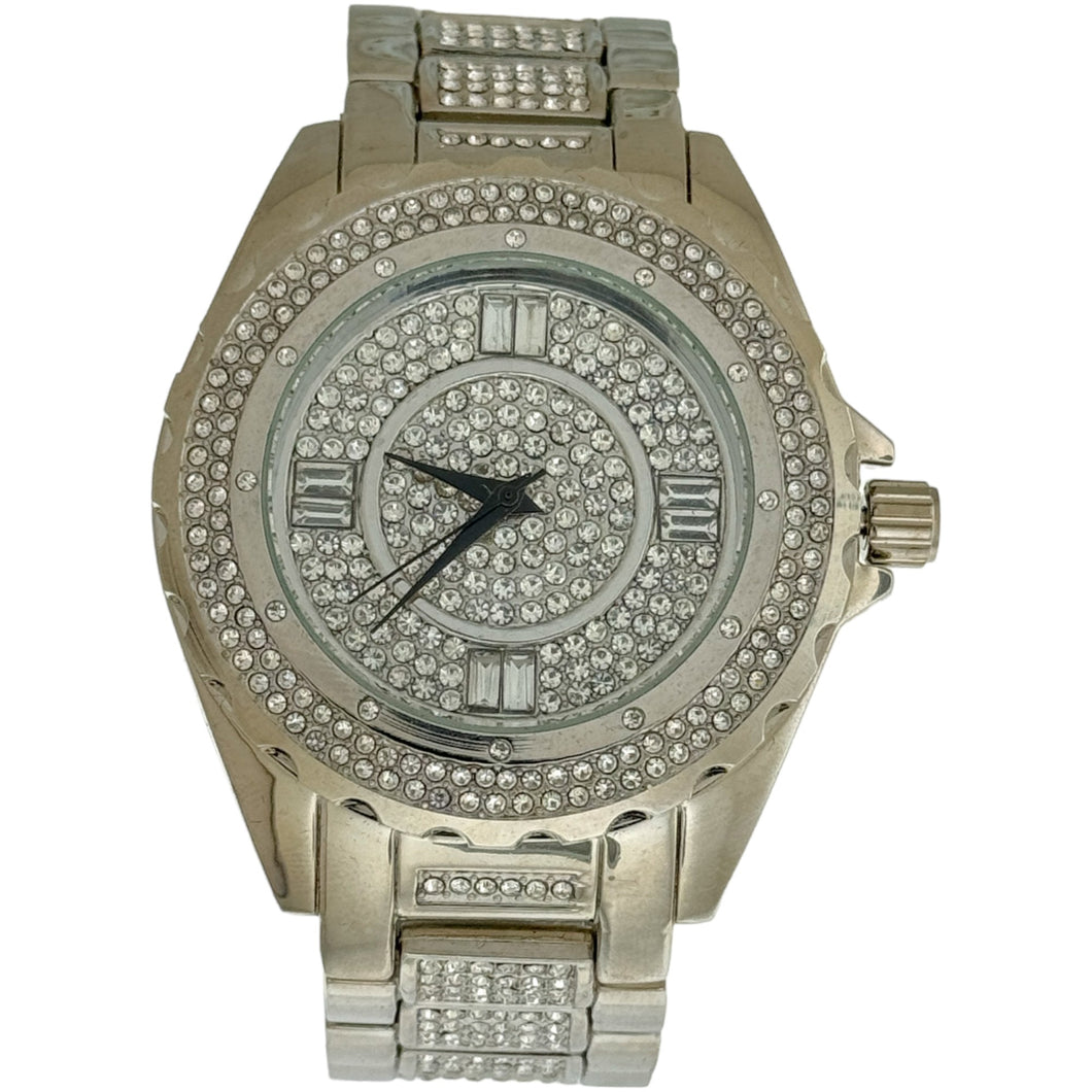 Captain Bling Silver-Tone Pave Dial Watch with Pave Accents