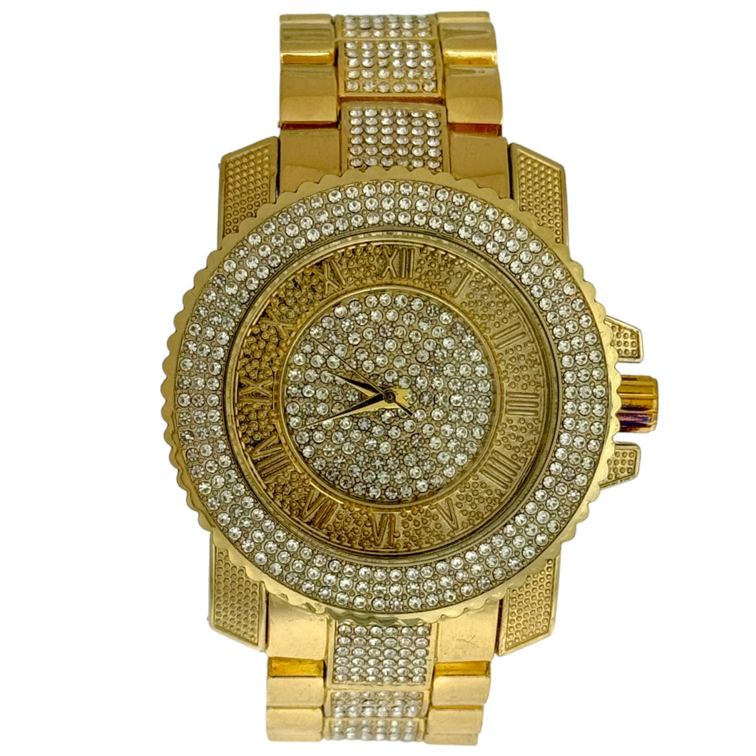 Captain Bling Gold-Tone Roman Numeral Pave Dial Watch with Pave Accents