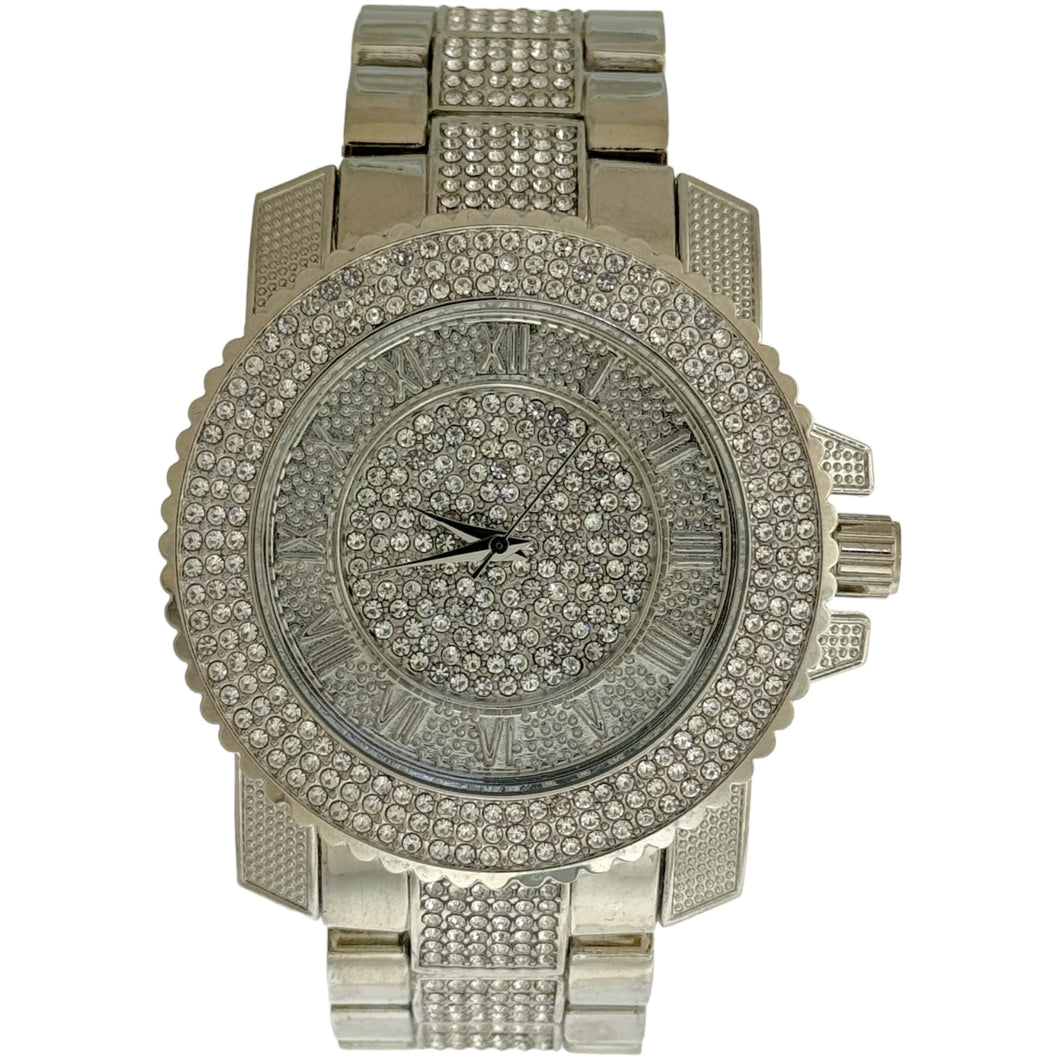 Captain Bling Silver-Tone Roman Numeral Pave Dial Watch with Pave Accents