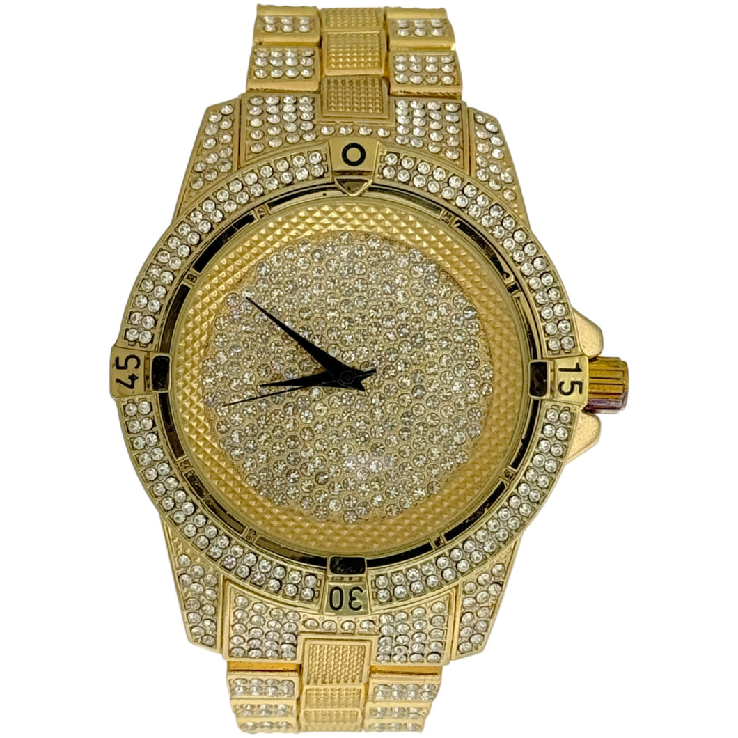 Captain Bling Gold-Tone Textured Pave Dial Watch with Pave Accents