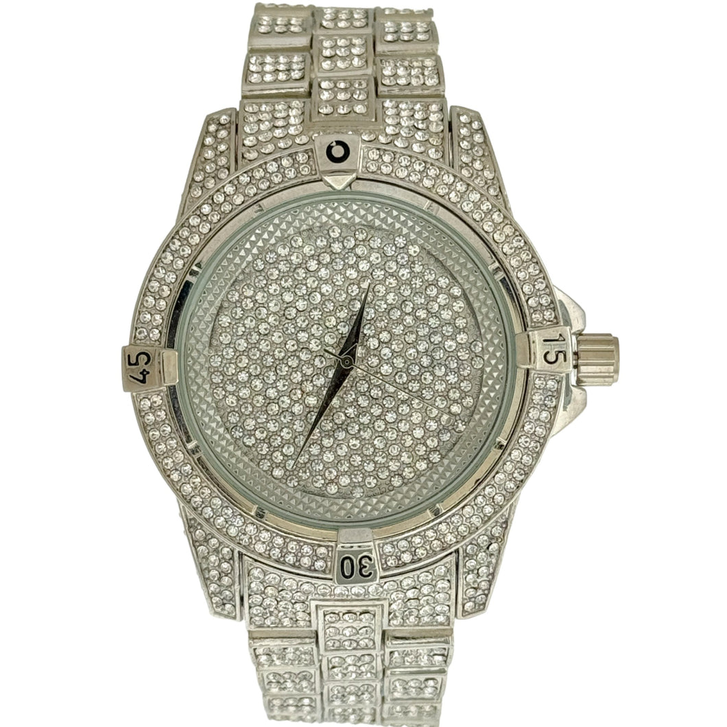 Captain Bling Silver-Tone Textured Pave Dial Watch with Pave Accents