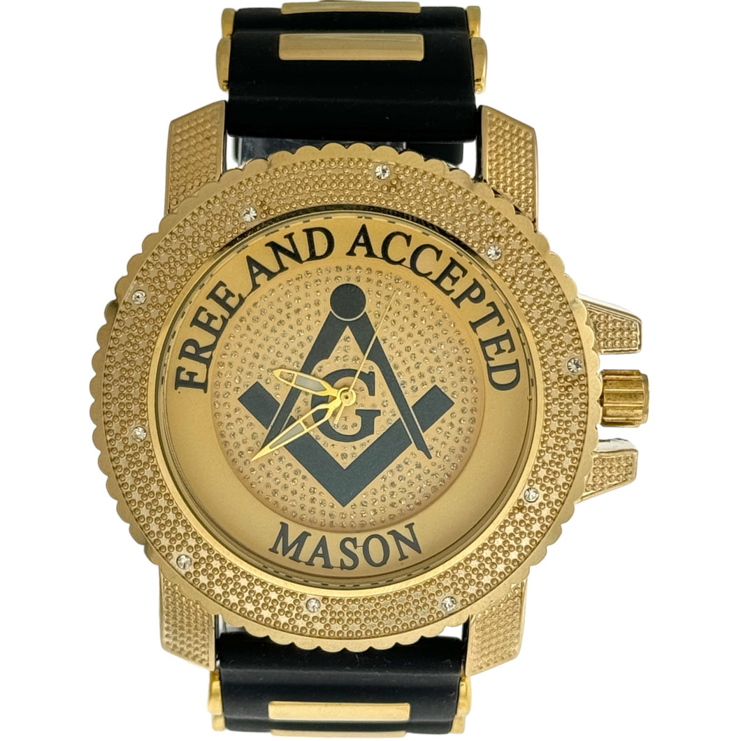 Captain Bling Masonic Watch: Gold Case with Black Rubber Strap