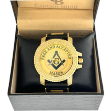 Load image into Gallery viewer, Captain Bling Masonic Watch: Gold Case with Black Rubber Strap
