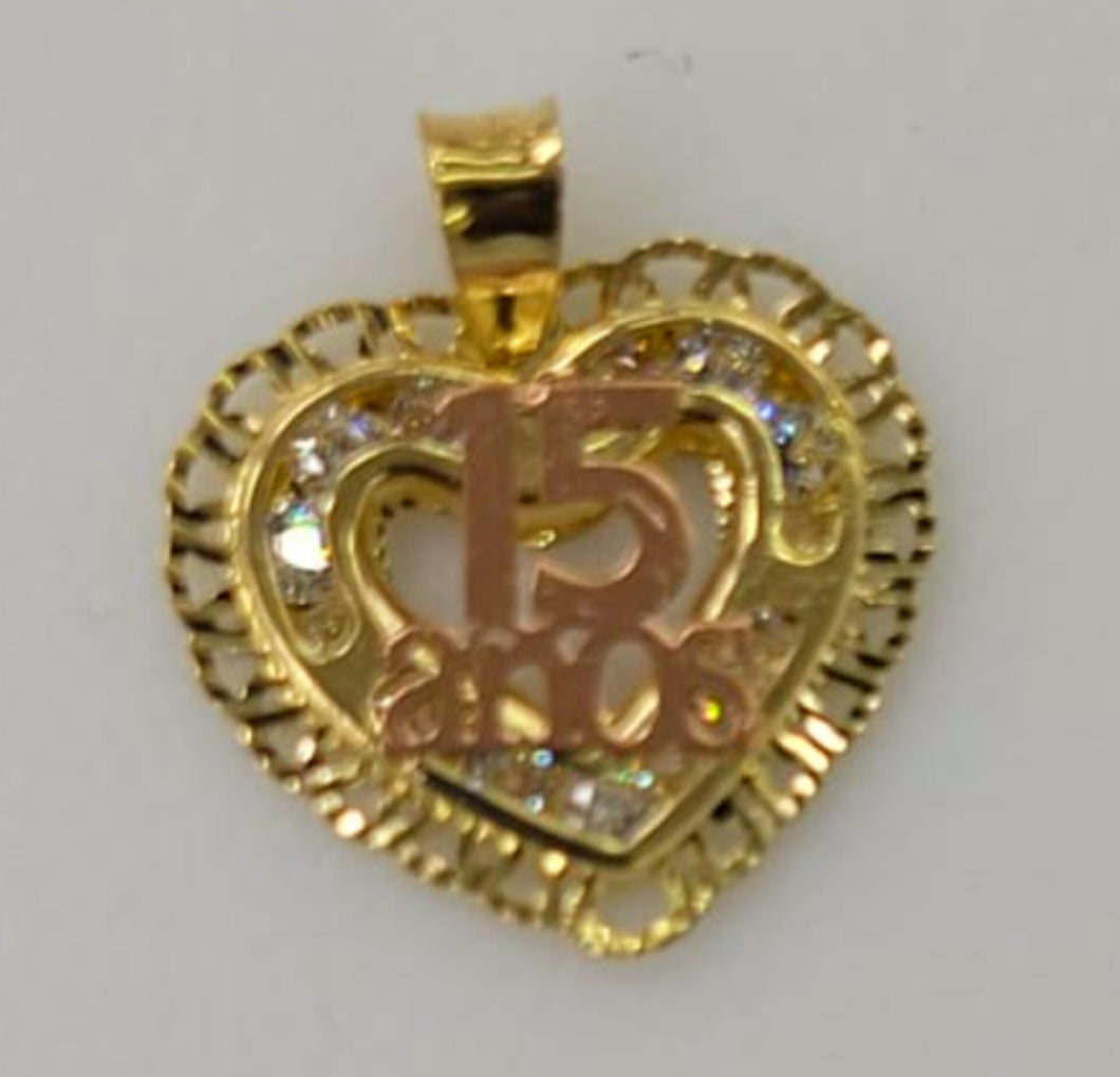 10KT 15 Anos Heart Real Yellow Gold Pendant, Diamond Cut, 2 mm bail , 0.72 Grm