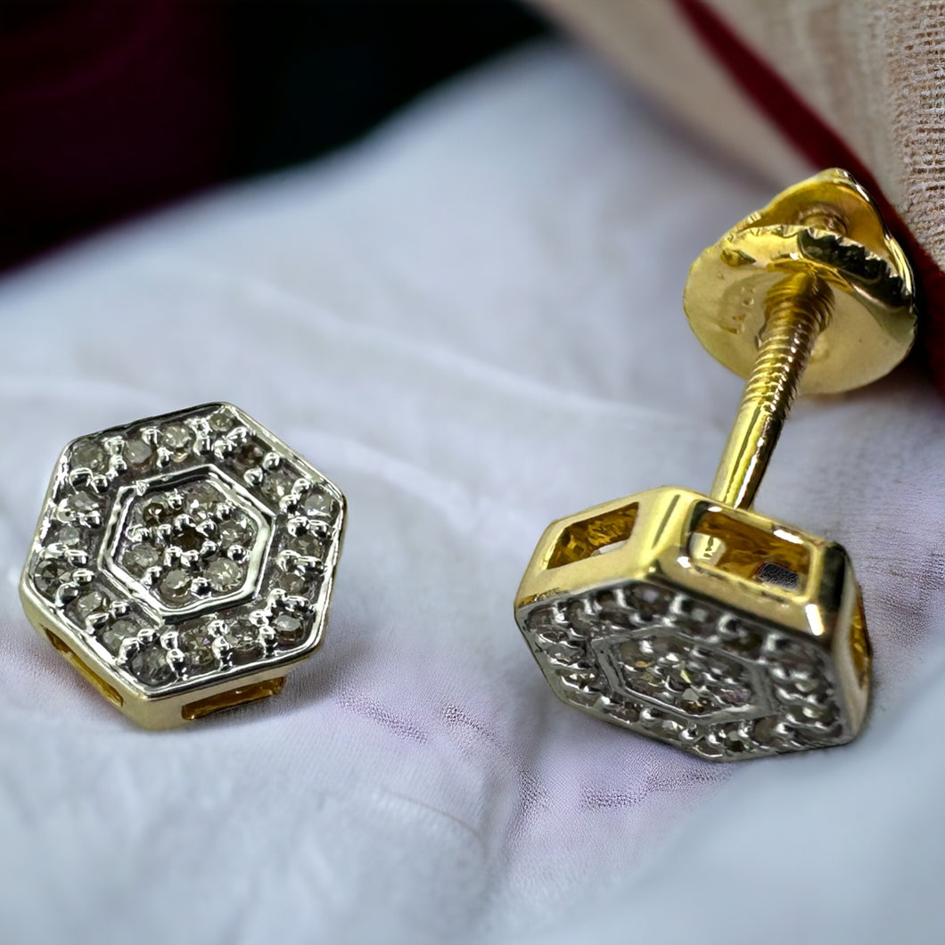 10KT Gold 6MM Hexagon Stud Earrings, Genuine SI Diamond - 0.10 CT, 6099