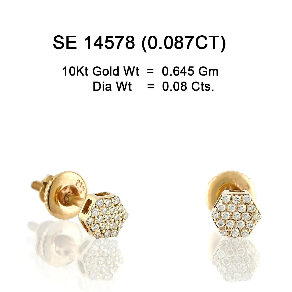 10KT yellow gold hexagon pave diamond stud earrings 0.087ct total weight with secure screw back setting – SE14578