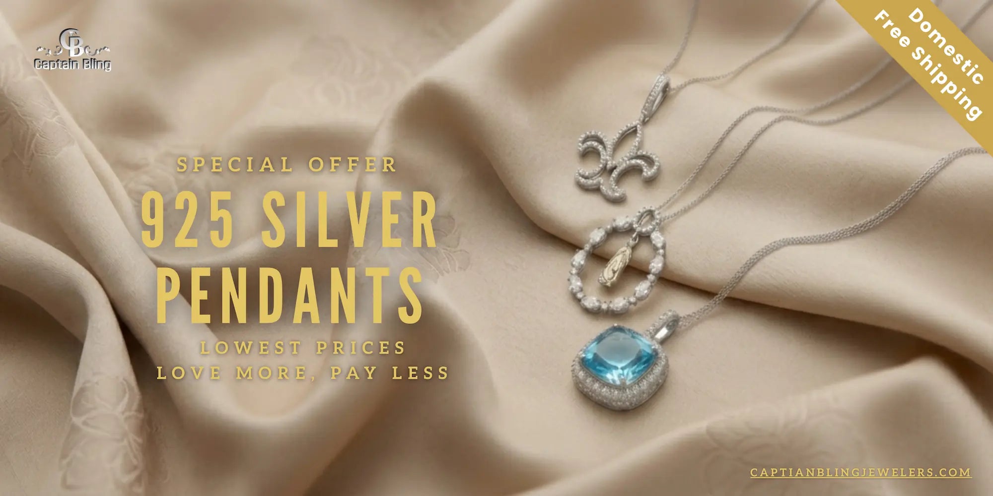 925 silver pendants on beige fabric with promotional text.