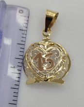Load image into Gallery viewer, 10KT 15 Anos Heart Real Gold pendant ,Diamond cut, 1.43 Grms, 2.5 mm Bail.
